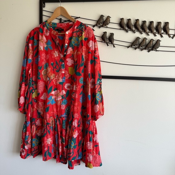 J Crew Floral Cotton Swing Dress Red Boho Tiered Womens M Resort Vacation Chic - Picture 14 of 14